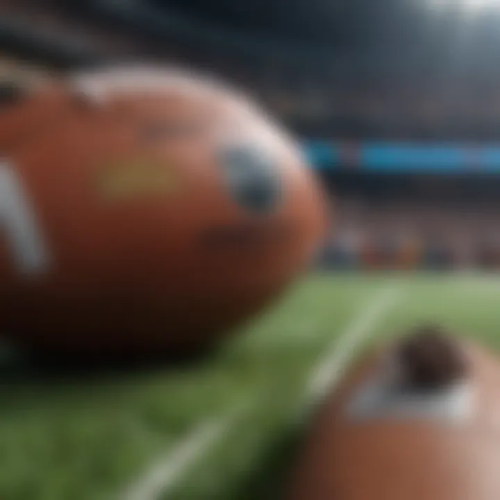 Close-up of a football with Super Bowl branding