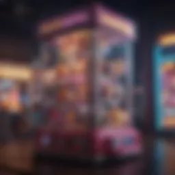 A modern claw machine featuring colorful plush toys and a glowing interface.