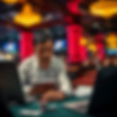 Strategy Analysis in Poker A focused player analyzing poker strategies with a notepad and laptop